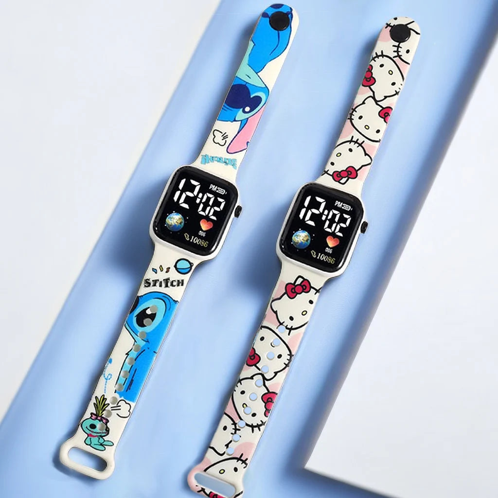 Two digital watches with cartoon-themed straps on a light blue background