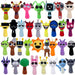 Collection of colorful plush toys with various designs on a white background