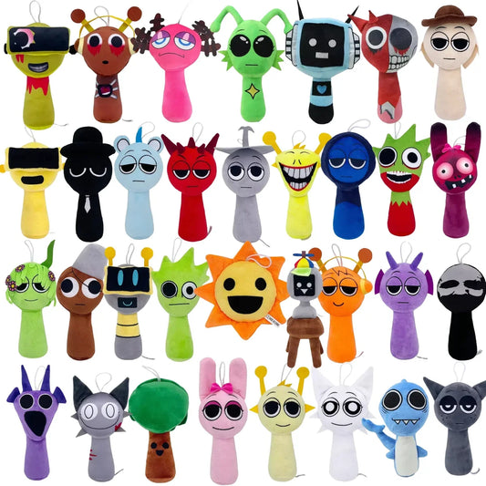 Collection of colorful plush toys with various designs on a white background