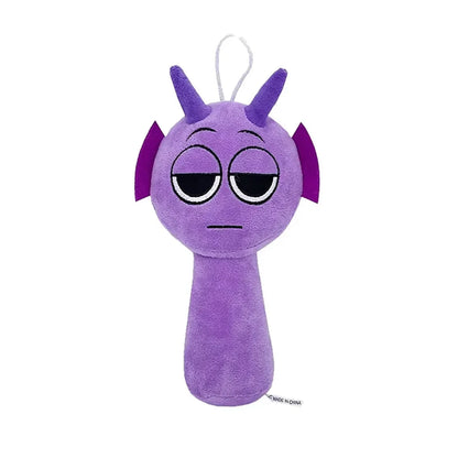 Purple plush toy with a sad expression on a white background