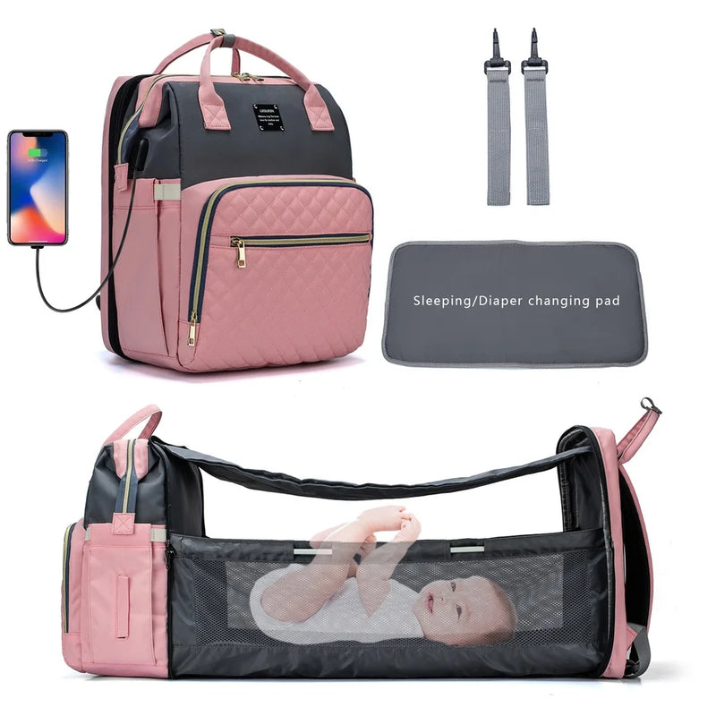 Fashion-Forward Portable Folding Crib Diaper Bag: The Ultimate Multi-Function Baby Backpack!