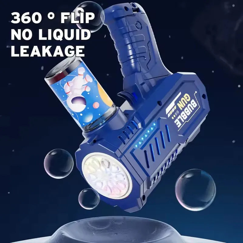 Blue bubble gun with a cylindrical container labeled 'BUBBLE GUN' on a dark background with bubbles.
