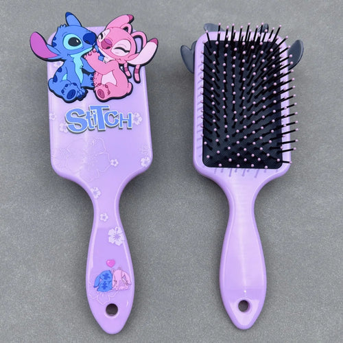 Purple hairbrush with cartoon characters on a gray background