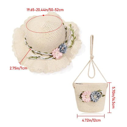Summer Fun Kids Flower Cap Bag Set: Stylish Sandy Beach Hat and Straw Purse Combo for Little Fashionistas