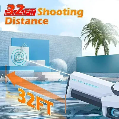 Product with '32FT Shooting Distance' text in an outdoor setting with palm trees and modern architecture.