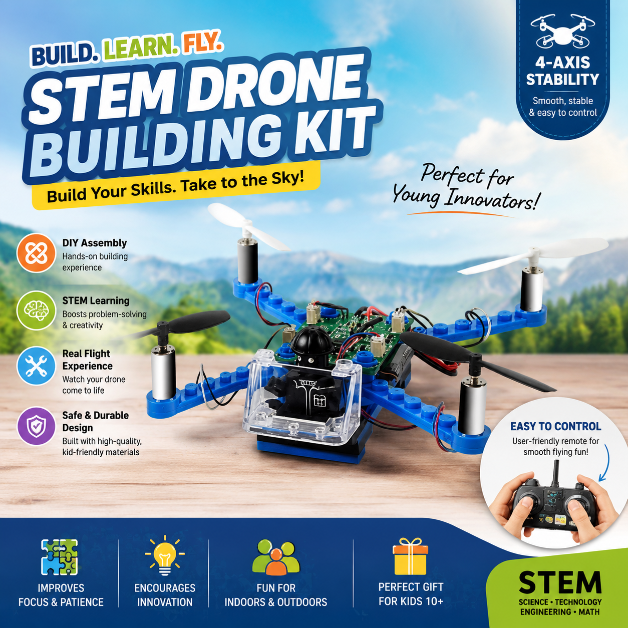 STEM Drone Building Kit for Kids Ages 6–10 | Build & Fly Remote Control Educational Toy