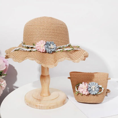 Summer Fun Kids Flower Cap Bag Set: Stylish Sandy Beach Hat and Straw Purse Combo for Little Fashionistas