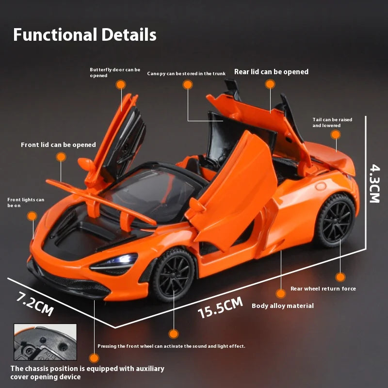 1:32 McLaren 720s Supercar Sports Alloy Diecast Model Car Sound And Light Pull Back Children Toys Cars Birthday Gifts With Kids
