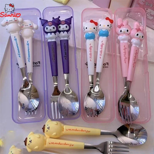 Set of cartoon-themed cutlery including spoons and forks in colorful handles on a white background.