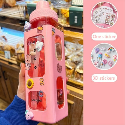 Cuddly Bear Sippy Cup: Kawaii Water Bottle with 3D Bear Sticker and Straw, BPA-Free Plastic, 700ml - The Little Big Store