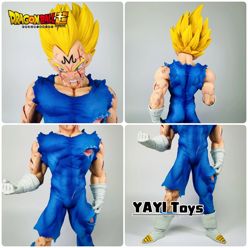 Collage of a Dragon Ball Z figurine in blue and yellow outfit with 'YAYI Toys' branding.