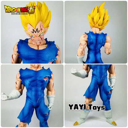 Collage of a Dragon Ball Z figurine in blue and yellow outfit with 'YAYI Toys' branding.