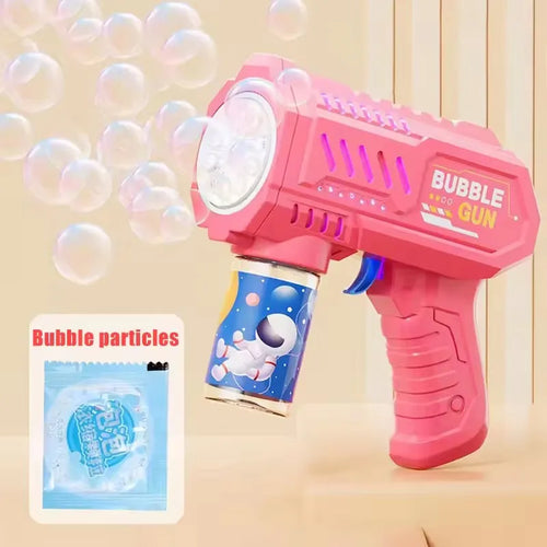 Pink bubble gun with bubble particles on a beige background