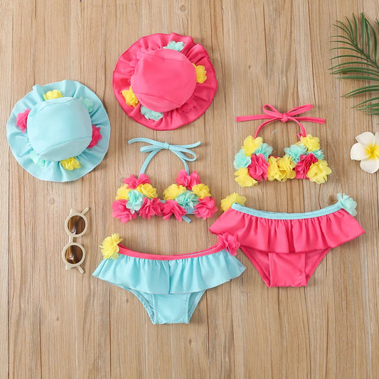 Blossom Baby Swim Set: Three-Piece Bathing Suit with Halter Neck Top, Bottoms, and Sun Protection Cap
