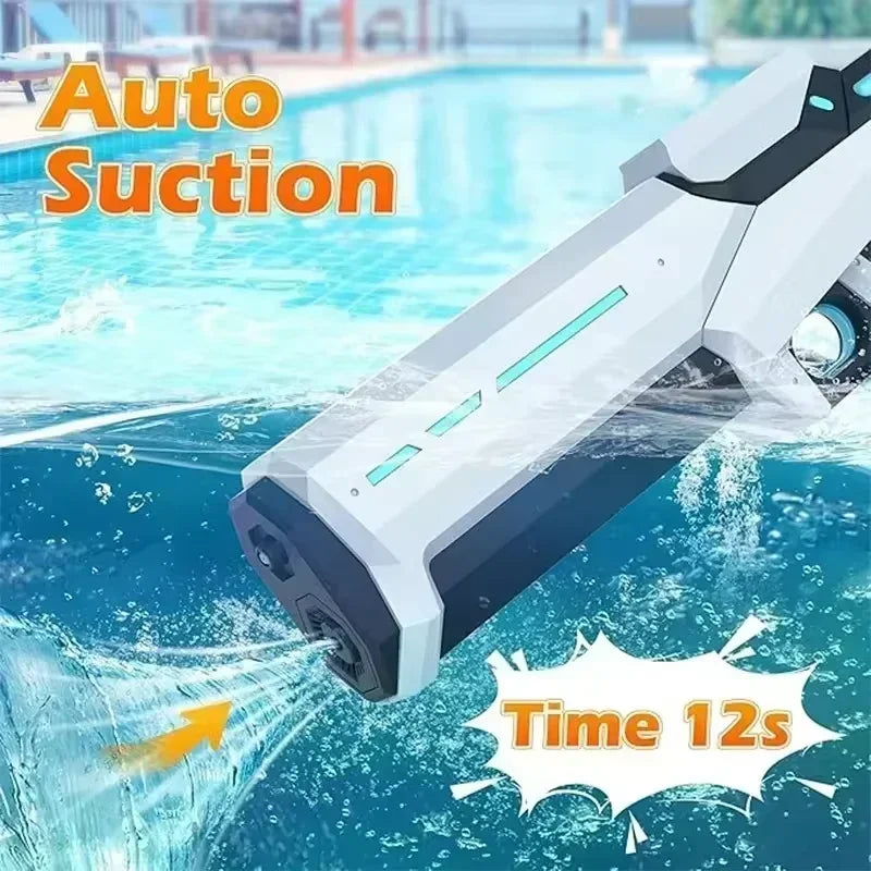 Pool cleaning robot with Auto Suction text and 'Time 12s' graphic in a pool setting.