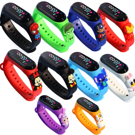 Collection of colorful children's smartwatches with cartoon character designs on white background