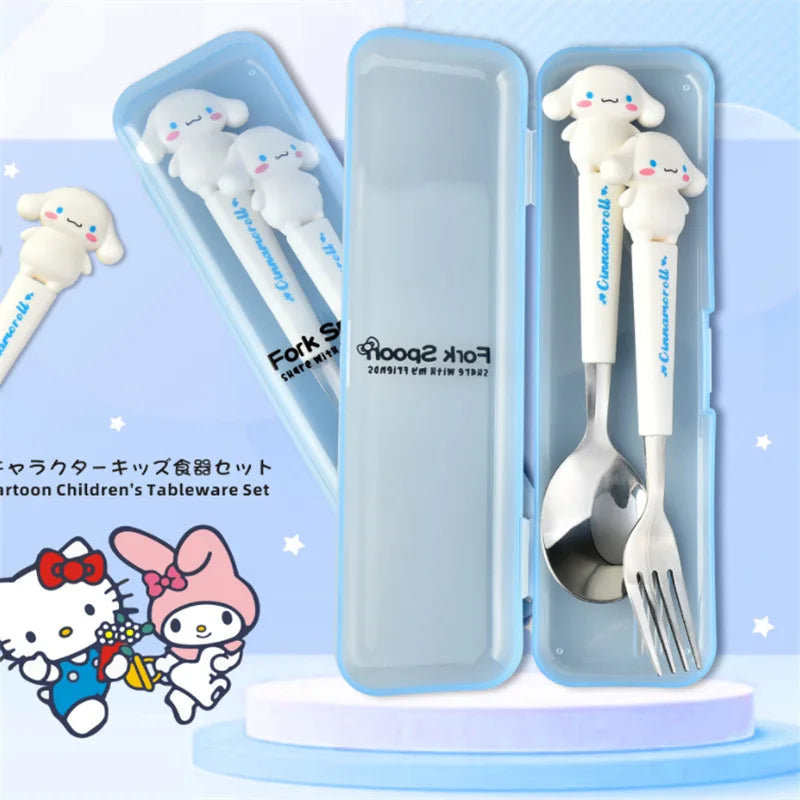 Children's tableware set with cartoon characters, including a spoon and fork in a blue case.