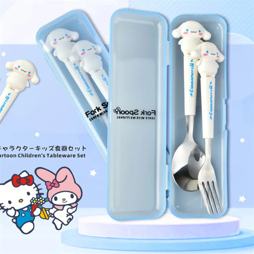 Children's tableware set with cartoon characters including a sheep, rabbit, and bear in a blue case.