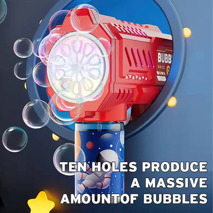 Red bubble gun with blue handle featuring an astronaut design, surrounded by bubbles on a dark background.