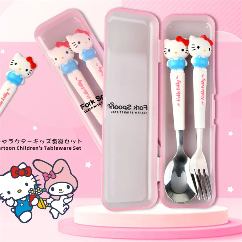 Children's fork and spoon set with Hello Kitty design in a pink case on a pink background.