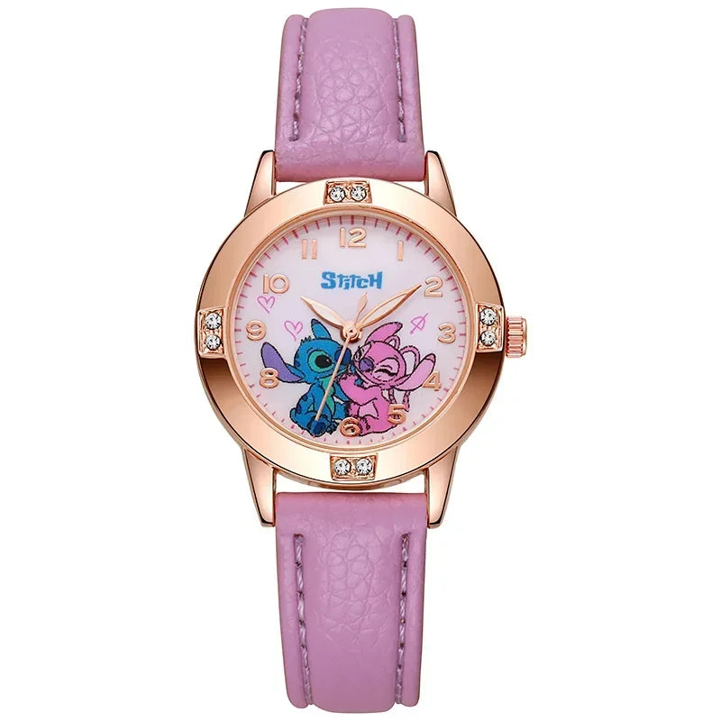 Watch with pink strap and cartoon characters on a white background