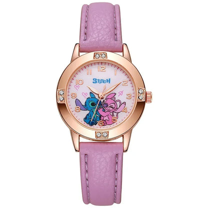 Watch with pink strap and cartoon characters on a white background
