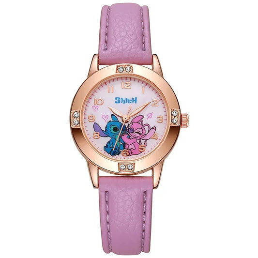 Watch with pink strap and cartoon characters on a white background