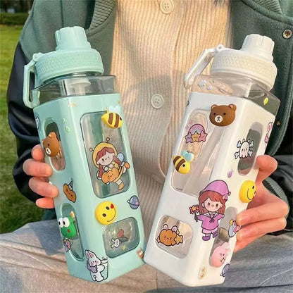 Cuddly Bear Sippy Cup: Kawaii Water Bottle with 3D Bear Sticker and Straw, BPA-Free Plastic, 700ml - The Little Big Store