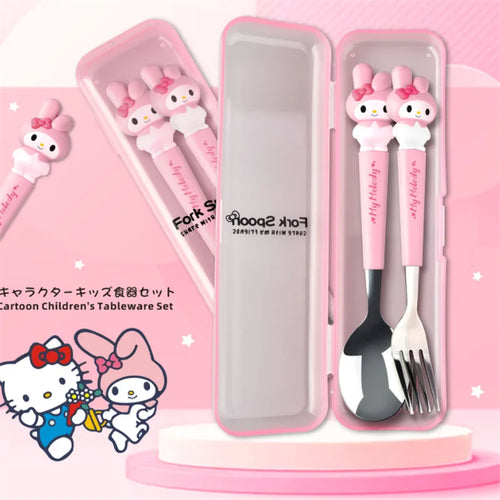 Children's tableware set with pink case featuring cartoon characters on a pink background.