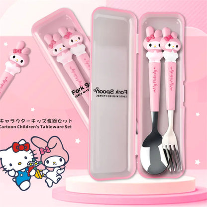 Children's tableware set with pink case featuring cartoon characters on a pink background.