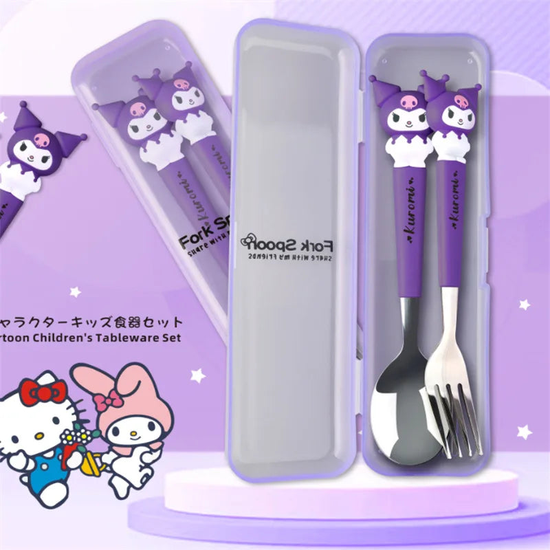 Children's tableware set with purple handles featuring cartoon characters on a purple background.