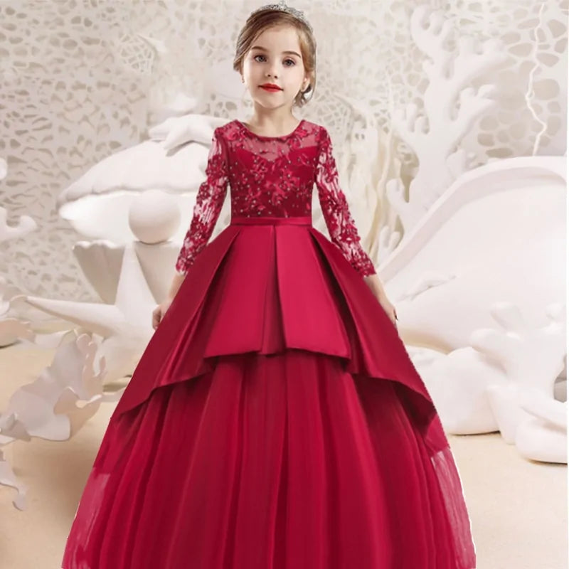 Girls Long Sleeve Lace Embroidery Dress - The Little Big Store