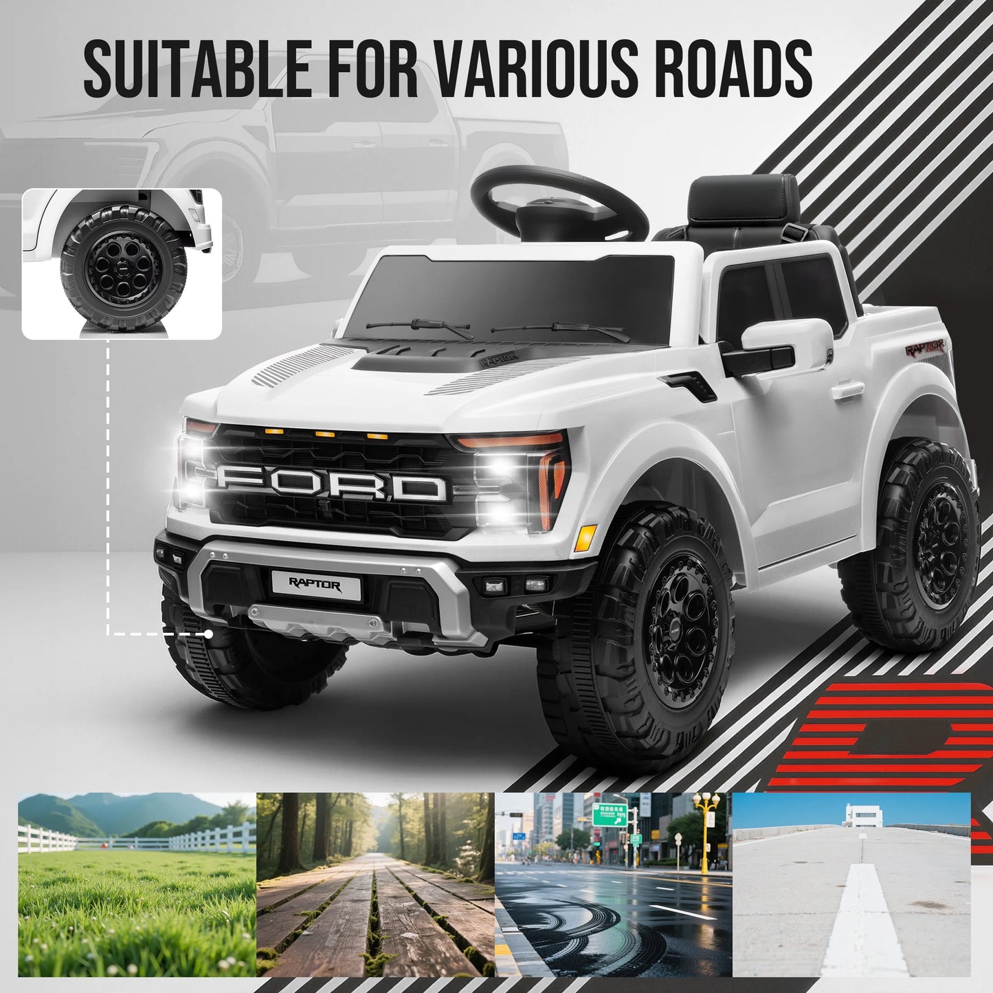 Exciting 12V Ford F 150 Raptor Ride-On Car with Remote Control - Bluetooth, LED Lights & Music for Kids Aged 3-6 - Perfect Adventure Vehicle in White