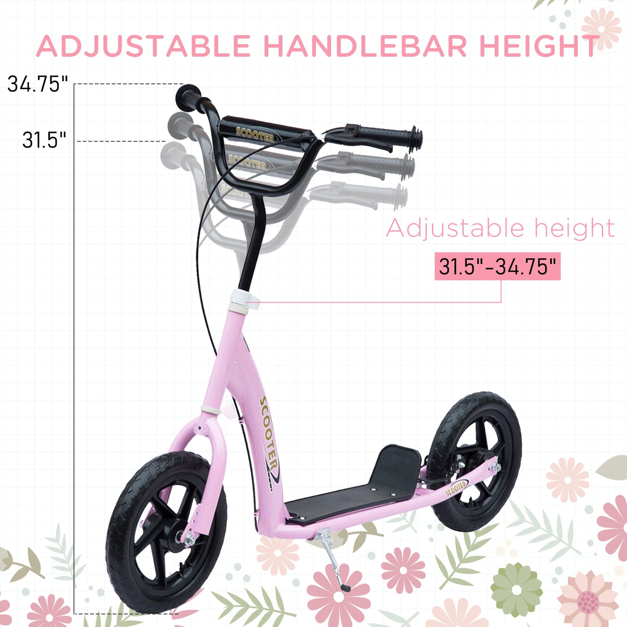 HOMCOM Kick Scooter for Kids 5-12 Years Old, Big Wheel Kids Scooter with Adjustable Height Handlebar, Non-slip Footplate, Rear Brake, Pink - The Little Big Store
