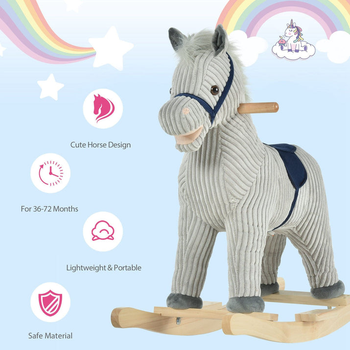 Qaba Kids Rocking Horse for Toddler 3-5, Plush Ride on Horse Wooden Rocker with Realistic Sounds, Gray - The Little Big Store