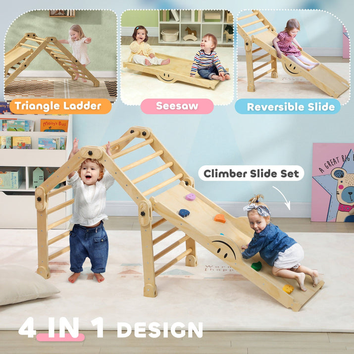 Qaba Indoor Toddler Climbing Toys, 4 in 1 Pikler Climbing Toys for Toddlers 18-48 Months, Inside Foldable Montessori Kids Climbing Toys, Indoor Playground with Ramp & Seesaw, Multicolored - The Little Big Store