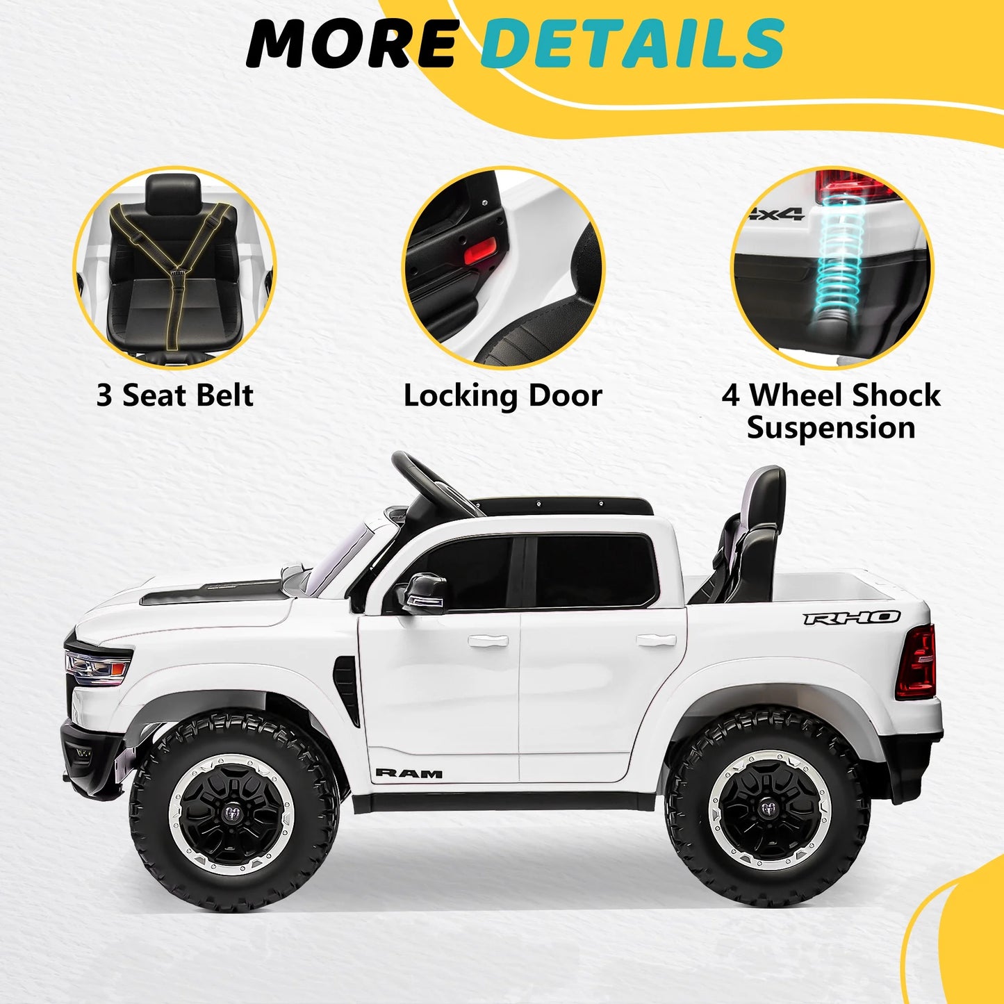 RAM 1500 Ride on Car Toy for Kids, 12V Powered Ride on Truck Toy with Remote Control, 4 Wheel Suspension, Safety Belt, Music, Bluetooth, LED Lights, Electric Cars for 3-5 Yrs Boy Girl, White