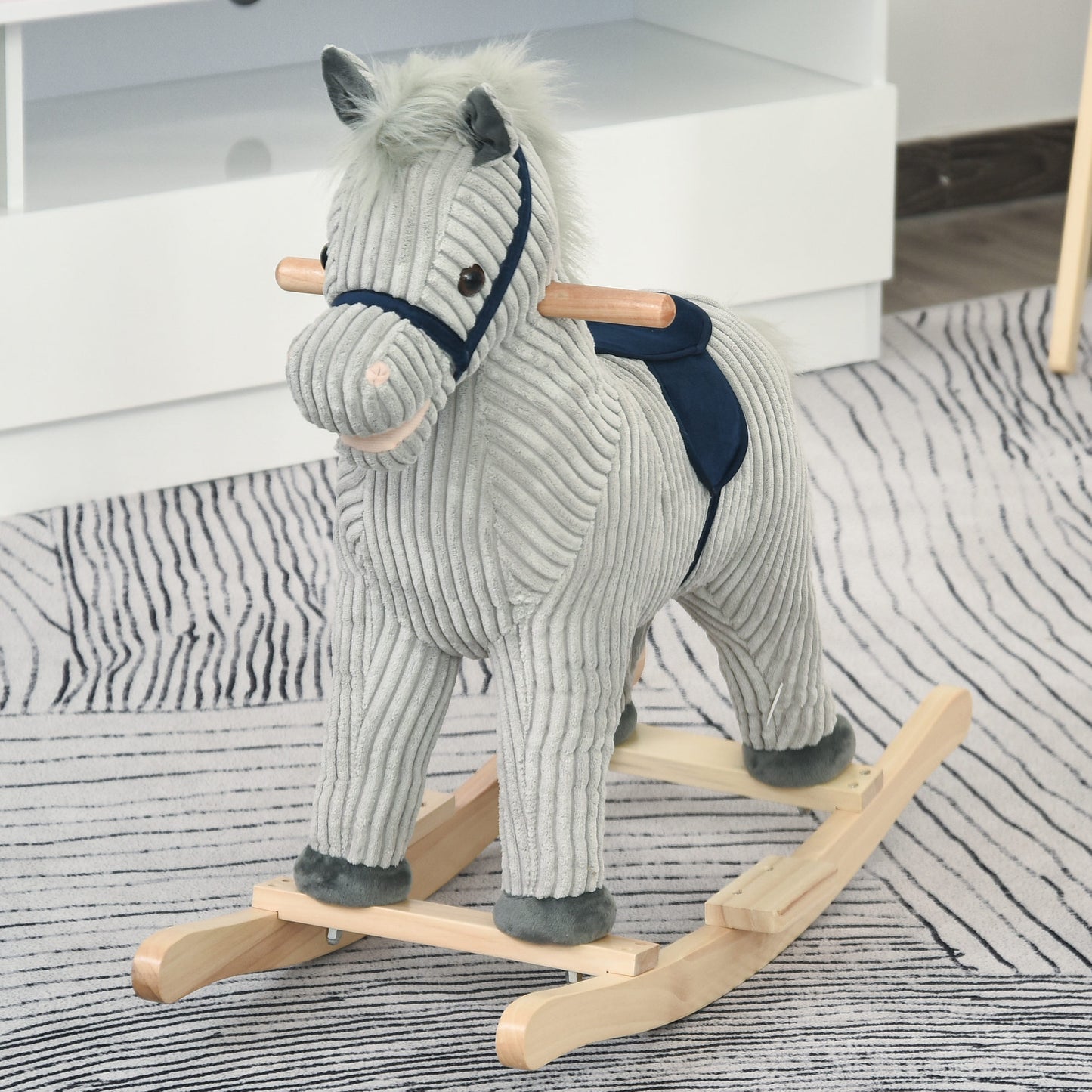 Qaba Kids Rocking Horse for Toddler 3-5, Plush Ride on Horse Wooden Rocker with Realistic Sounds, Gray - The Little Big Store