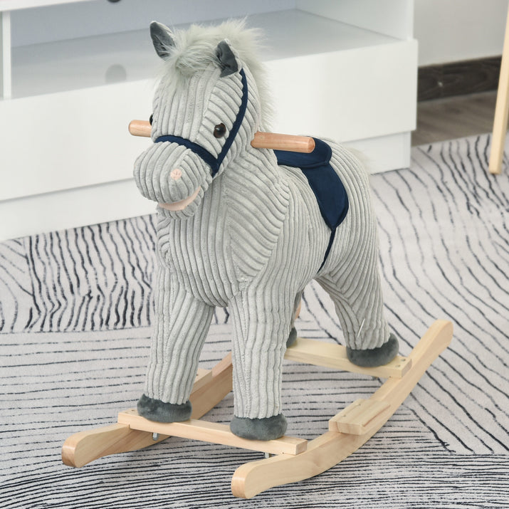 Qaba Kids Rocking Horse for Toddler 3-5, Plush Ride on Horse Wooden Rocker with Realistic Sounds, Gray - The Little Big Store