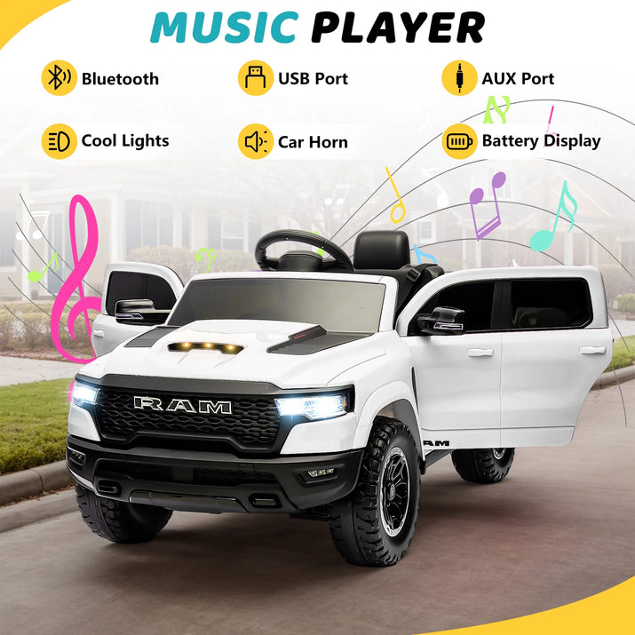 RAM 1500 Ride on Car Toy for Kids, 12V Powered Ride on Truck Toy with Remote Control, 4 Wheel Suspension, Safety Belt, Music, Bluetooth, LED Lights, Electric Cars for 3-5 Yrs Boy Girl, White
