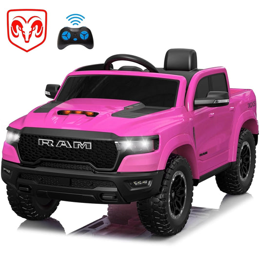 RAM 1500 Ride on Car Toy for Kids, 12V Powered Ride on Truck Toy with Remote Control, 4 Wheel Suspension, Safety Belt, Music, Bluetooth, LED Lights, Electric Cars for 3-5 Yrs Boy Girl, Pink