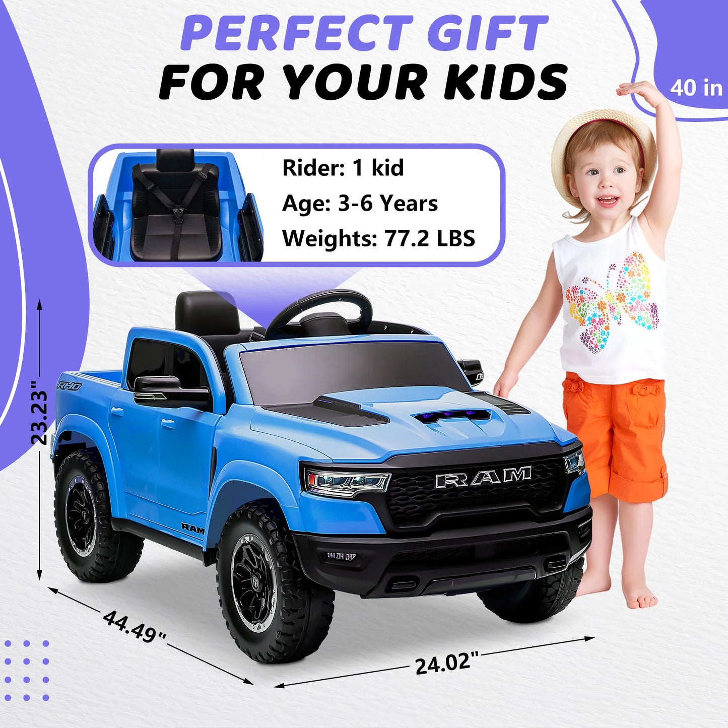 RAM 1500 Ride on Car Toy for Kids, 12V Powered Ride on Truck Toy with Remote Control, 4 Wheel Suspension, Safety Belt, Music, Bluetooth, LED Lights, Electric Cars for 3-5 Yrs Boy Girl, Blue