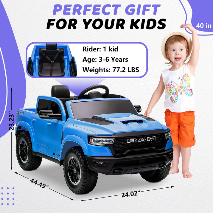 RAM 1500 Ride on Car Toy for Kids, 12V Powered Ride on Truck Toy with Remote Control, 4 Wheel Suspension, Safety Belt, Music, Bluetooth, LED Lights, Electric Cars for 3-5 Yrs Boy Girl, Blue