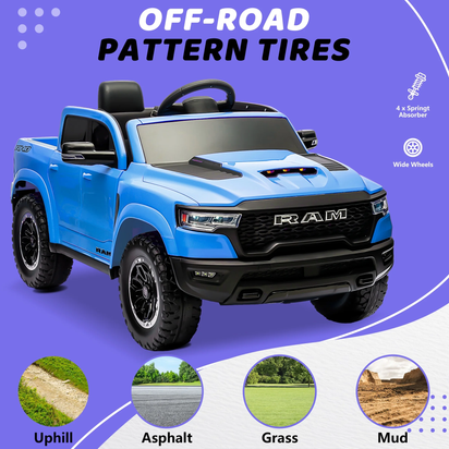 RAM 1500 Ride on Car Toy for Kids, 12V Powered Ride on Truck Toy with Remote Control, 4 Wheel Suspension, Safety Belt, Music, Bluetooth, LED Lights, Electric Cars for 3-5 Yrs Boy Girl, Blue
