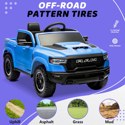 RAM 1500 Ride on Car Toy for Kids, 12V Powered Ride on Truck Toy with Remote Control, 4 Wheel Suspension, Safety Belt, Music, Bluetooth, LED Lights, Electric Cars for 3-5 Yrs Boy Girl, Blue