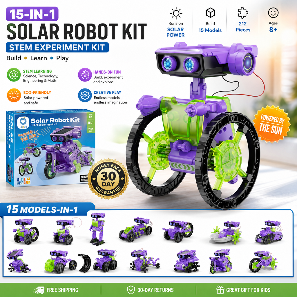 SolarGenius™ 15-in-1 Solar Robot Kit – STEM Building Science Toy with 212 Pieces, Solar & Battery Powered for Kids Ages 8–12