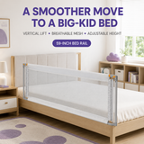 Adjustable 59 inch toddler bed rail installed on an empty bed