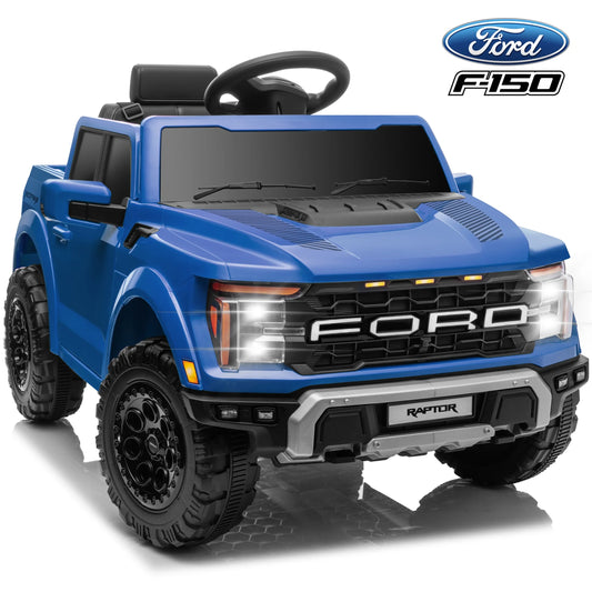 12V Ride on Cars with Remote Control, Licensed Ford F 150 Raptor Powered Ride on Toys with Bluetooth, Radio, LED Light, 4 Wheels Suspension, Kids Cars Electric Vehicles for Boys Girls Ages 3-6, Blue