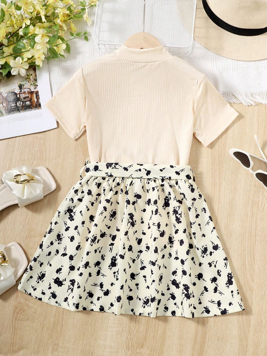 Children's Ribbed T-Shirt and Contrast Floral Skirt Set - The Little Big Store
