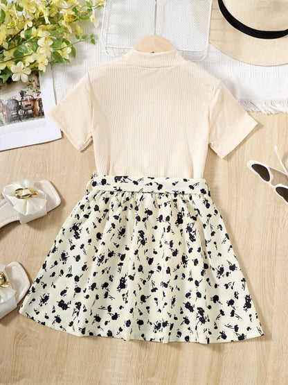 Children's Ribbed T-Shirt and Contrast Floral Skirt Set - The Little Big Store